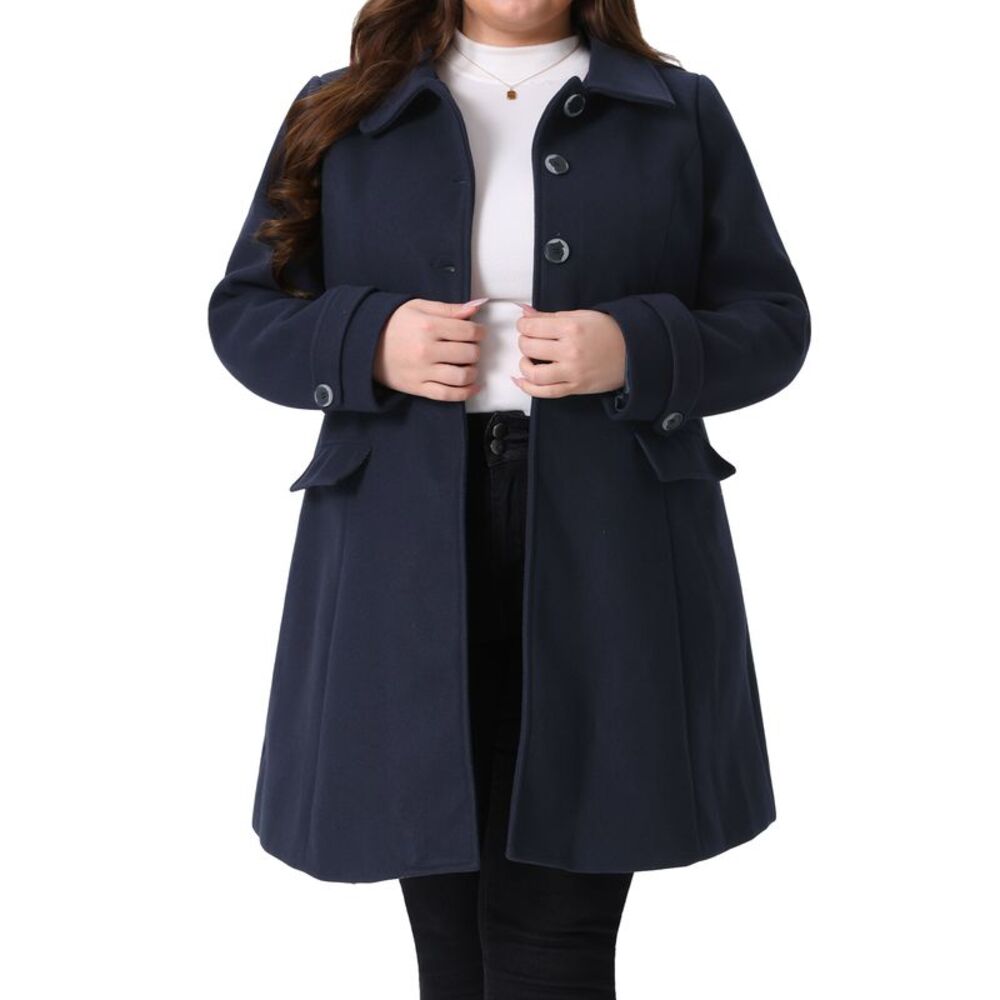 Plus Size Turndown Collar Single Breasted Long Wool Coats Dark Blue